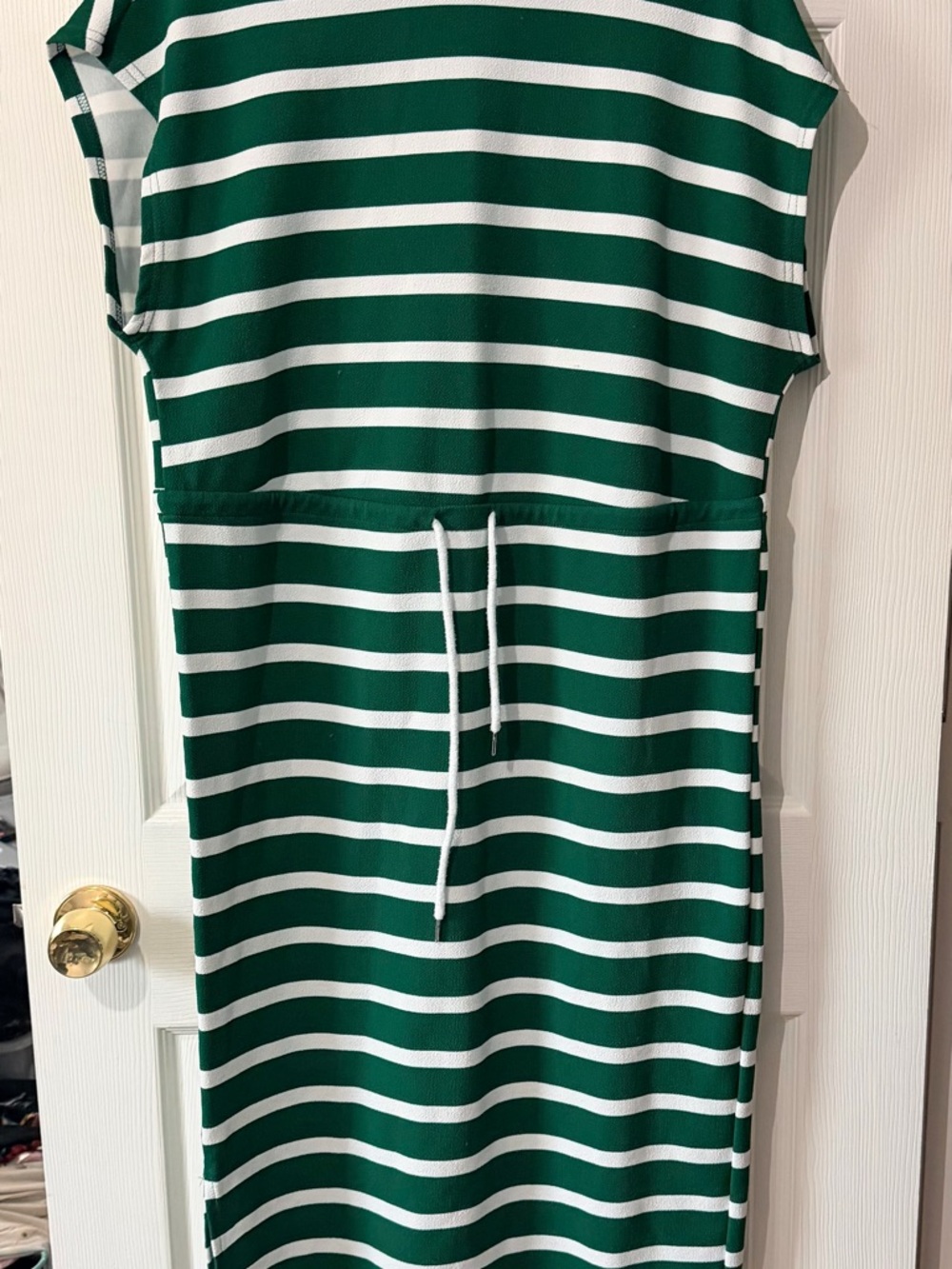 Green and White Striped Drawstring Midi Dress